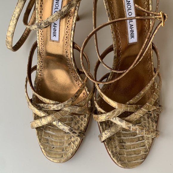 Manolo Blahnik Gold Embossed Python Leather High Heel Ankle Strap Sandals 40 1/2 - Picture 2 of 13